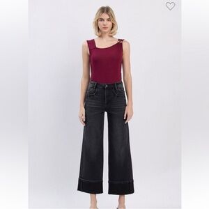 Black Super High Rise Cuffed Wide Leg Jeans